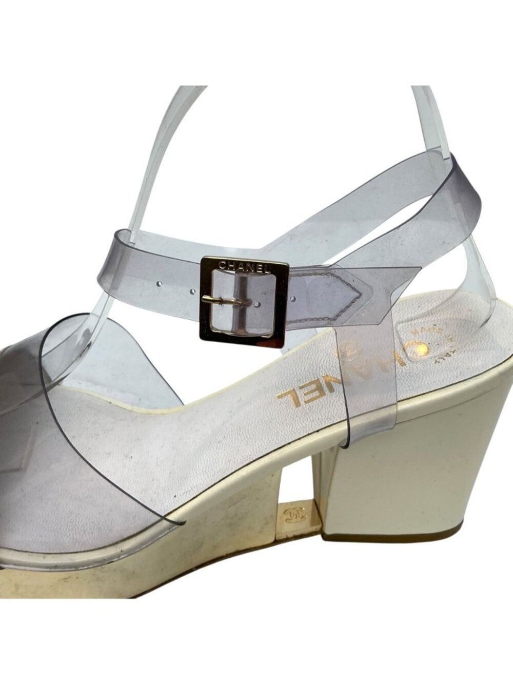 CHANEL Vintage Gold Wedge Platforms With PVC Straps sz 9.5 - Picture 7 of 16